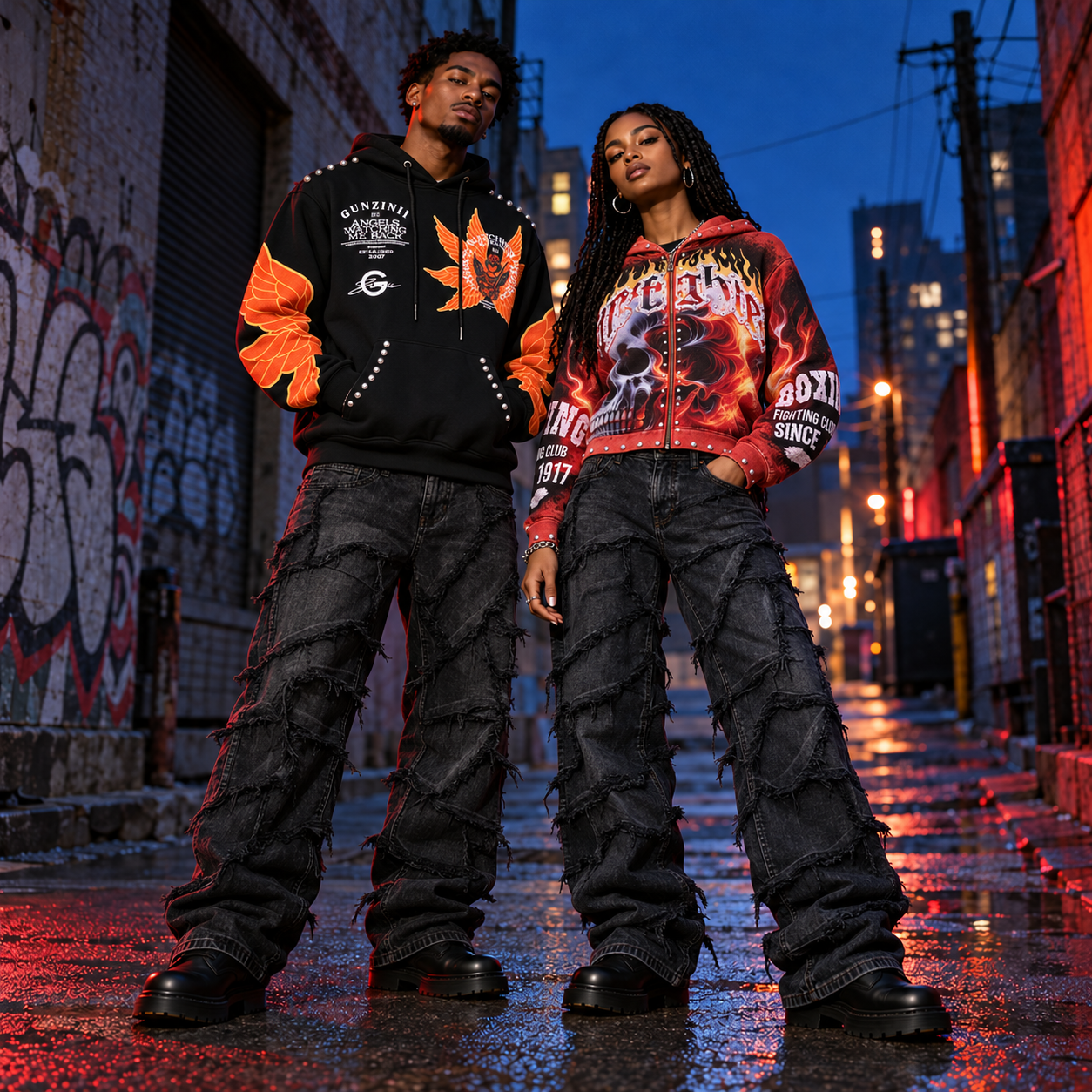 Sindy North streetwear campaign with male and female models wearing graphic hoodies and distressed denim